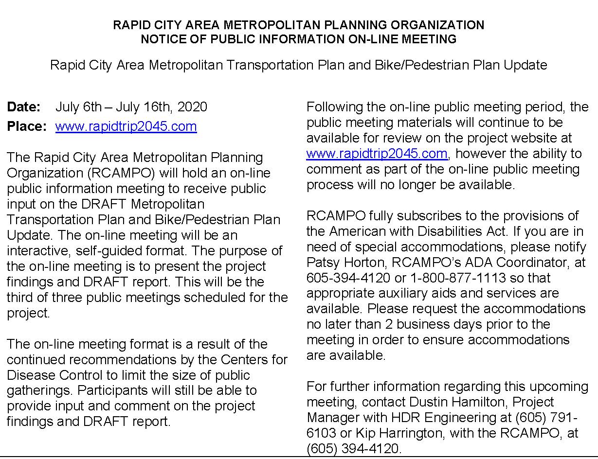 Notice of the Metropolitan Transportation Plan and Bicycle and Pedestrian Plan update online public meeting